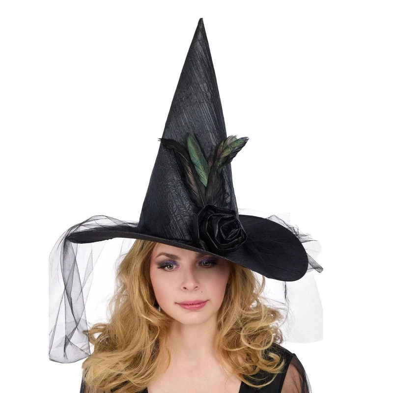 Black Witch Hat with Tulle and Feathers for Adults