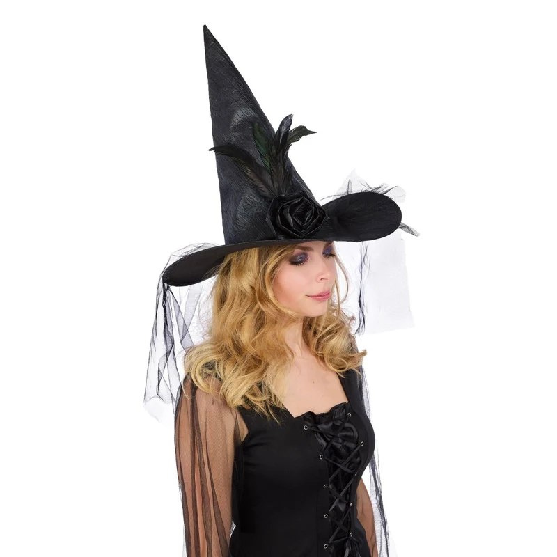 Black Witch Hat with Tulle and Feathers for Adults