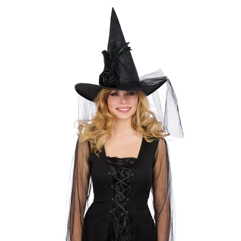 Black Witch Hat with Tulle and Feathers for Adults