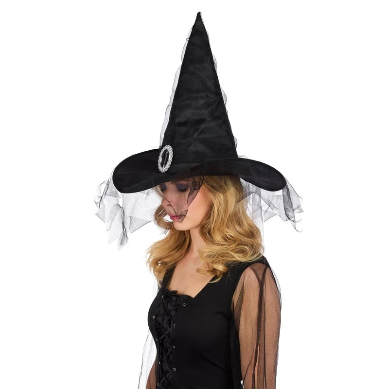 Black Witch Hat with Tulle and Jewel for Adults