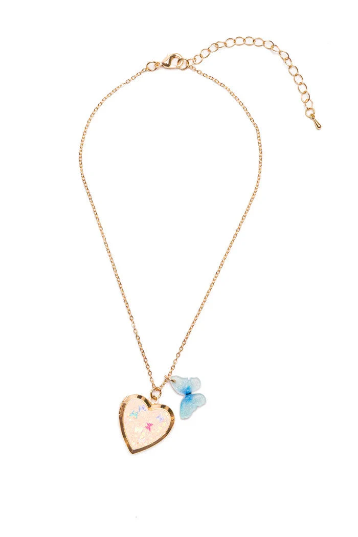 Butterfly Heart Locket Necklace with Delicate Blue Butterfly Charm