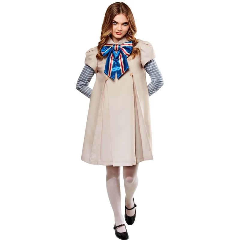 M3gan Costume for Adults, Beige Dress with Attached Bow and Sleeves