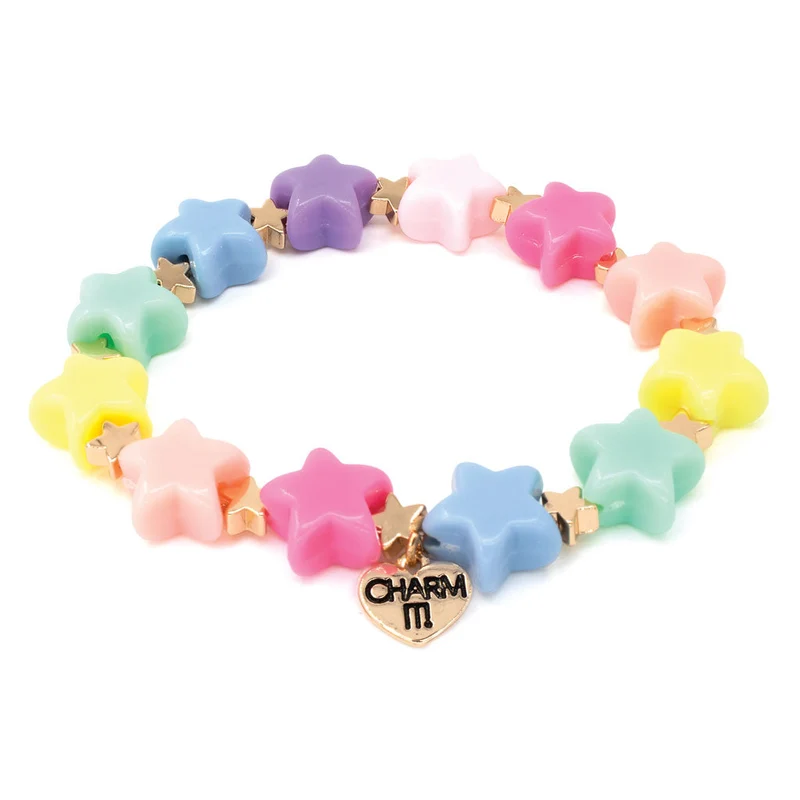 Gold Pastel Star Stretch Bead Charm Bracelet - Customizable Jewelry Accessory