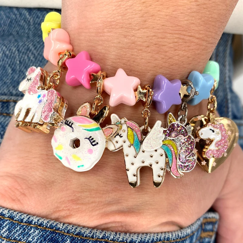 Gold Pastel Star Stretch Bead Charm Bracelet - Customizable Jewelry Accessory