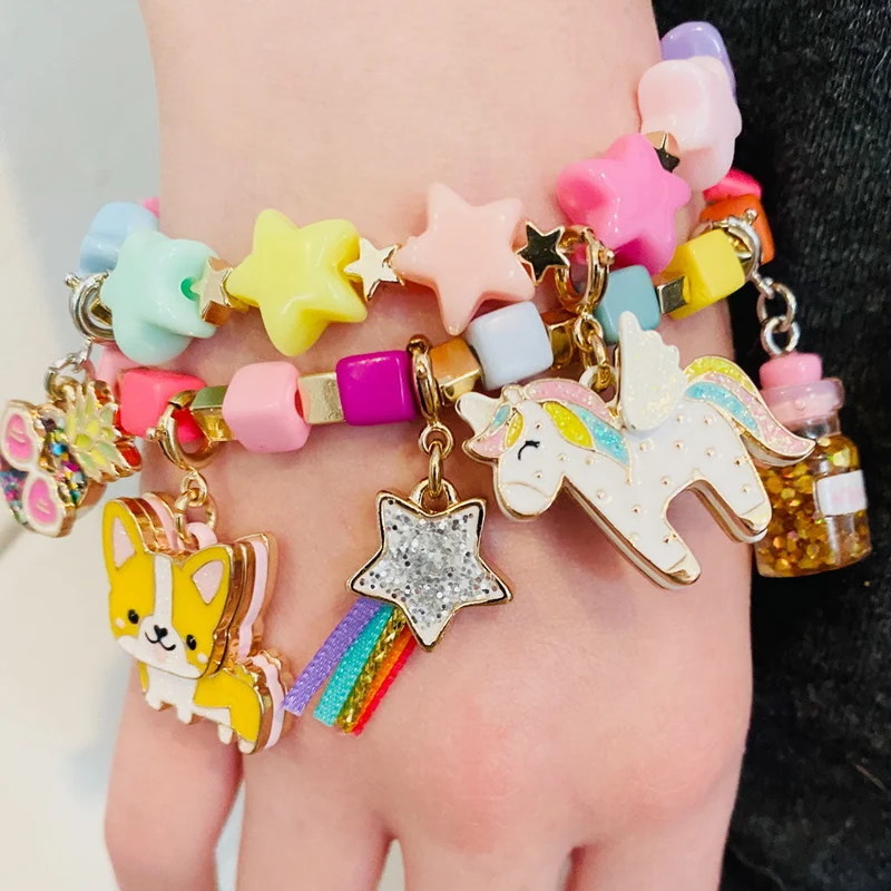 Gold Pastel Star Stretch Bead Charm Bracelet - Customizable Jewelry Accessory