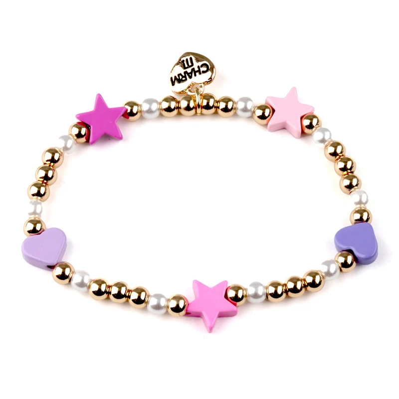 Gold Heart and Star Stretch Bead Charm Bracelet for Kids