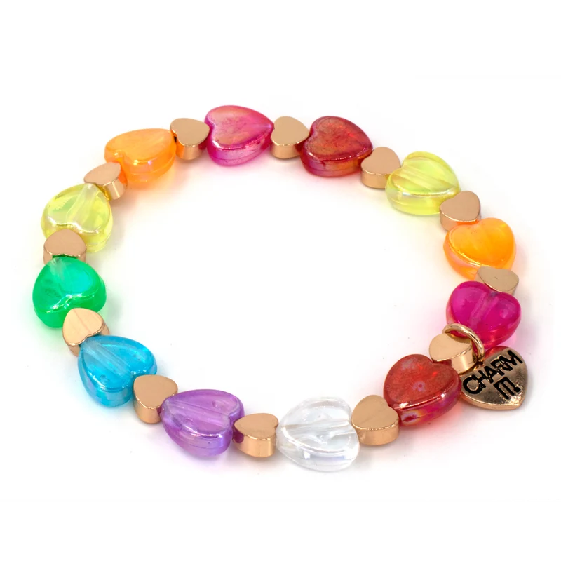 Gold Rainbow Heart Bead Stretch Bracelet for Girls Jewelry Stack