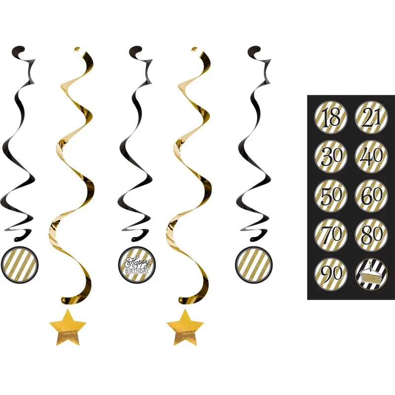 Black and Gold Happy Birthday Swirl Decoration Custom Set, 1 Count