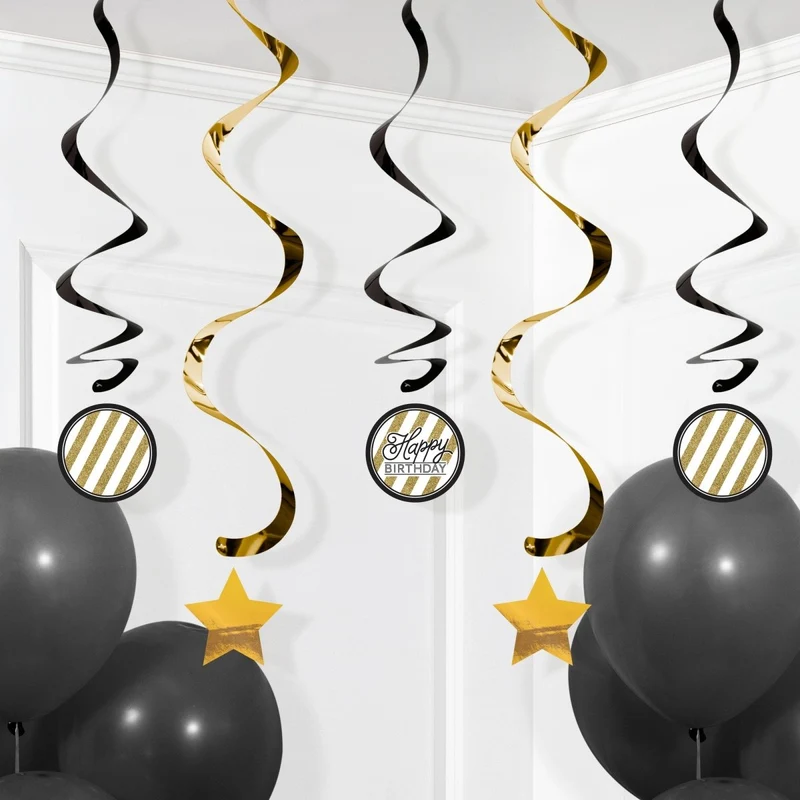 Black and Gold Happy Birthday Swirl Decoration Custom Set, 1 Count