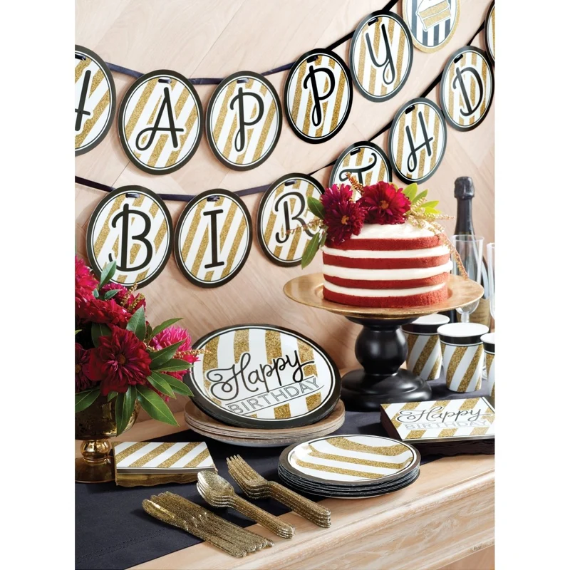 Black and Gold Happy Birthday Swirl Decoration Custom Set, 1 Count