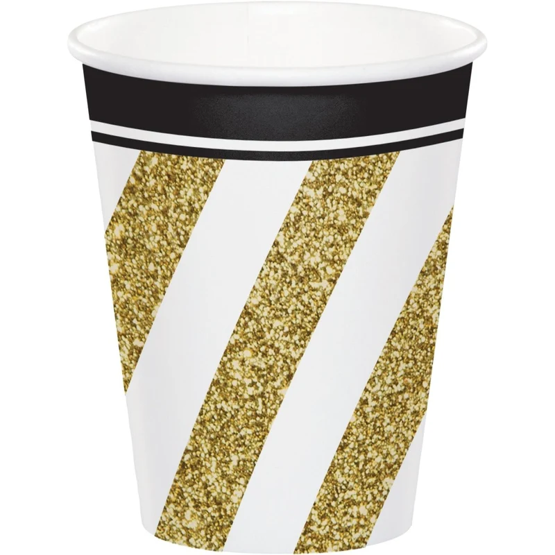 Black and Gold Happy Birthday Paper Cups, 9 Oz, 8 Count