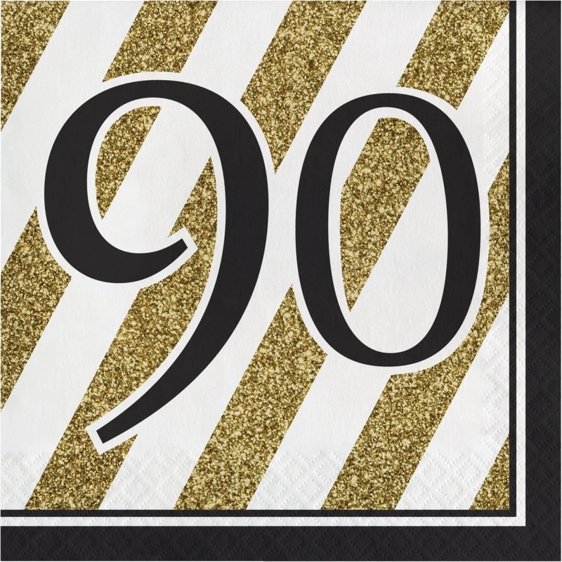 Black and Gold 90th Happy Birthday Large Lunch Napkins, 16 Count