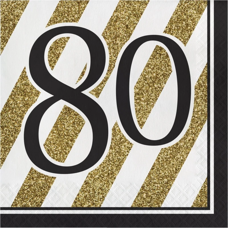Black and Gold 80th Happy Birthday Large Lunch Napkins, 16 Count