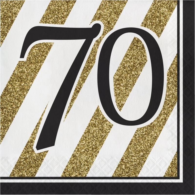 Black and Gold 70th Happy Birthday Large Lunch Napkins, 16 Count