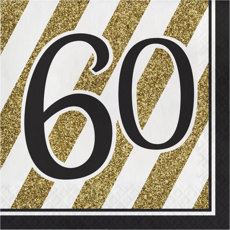 Black and Gold 60th Happy Birthday Large Lunch Napkins, 16 Count