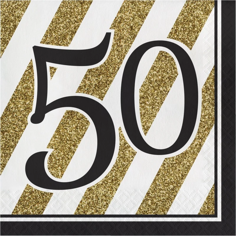 Black and Gold 50th Happy Birthday Large Lunch Napkins, 16 Count