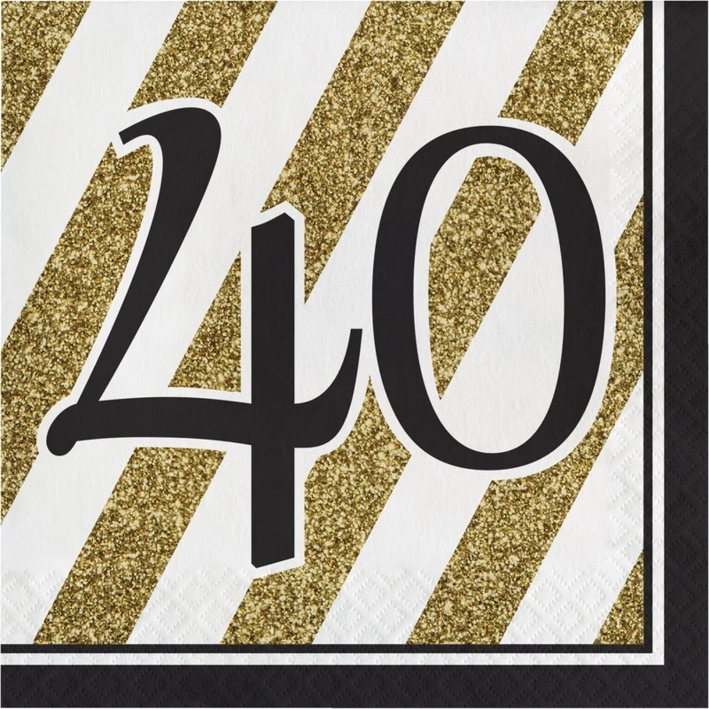 Black and Gold 40th Happy Birthday Large Lunch Napkins, 16 Count