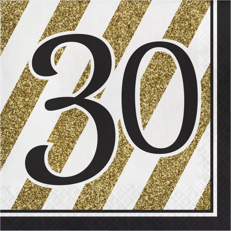 Black and Gold 30th Happy Birthday Large Lunch Napkins, 16 Count