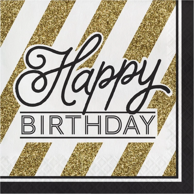 Black and Gold Happy Birthday Large Lunch Napkins, 16 Count