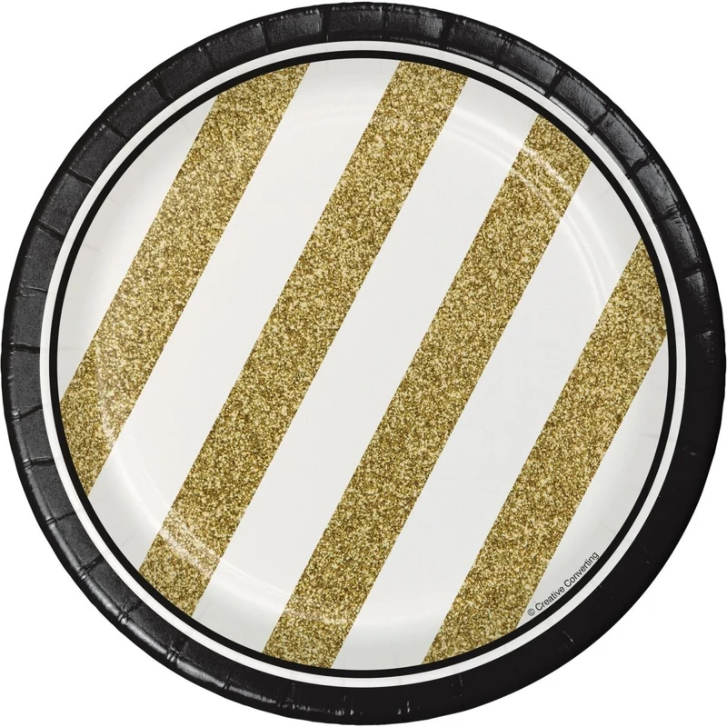 Black and Gold Happy Birthday Small Round Dessert Paper Plates, 7 Inches, 8 Count