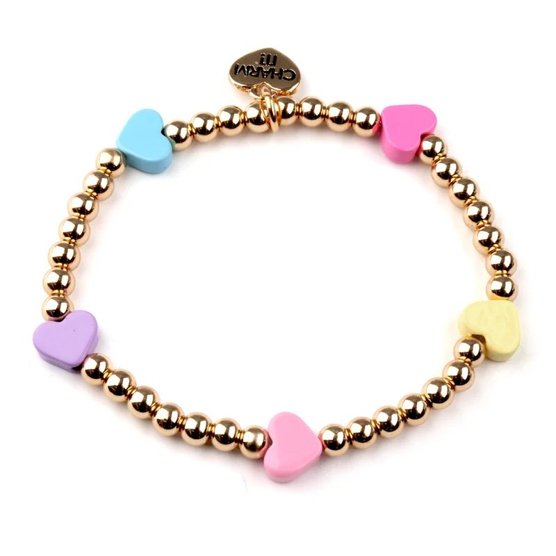 Gold Multi Heart Stretch Charm Bracelet with Enamel Bead Detail