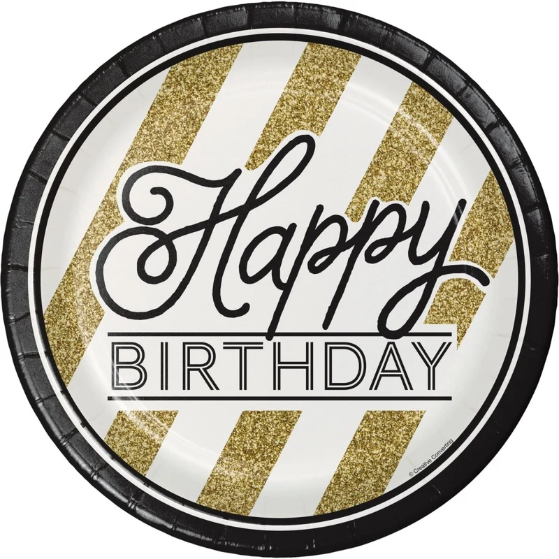 Black and Gold Happy Birthday Large Round Lunch Paper Plates, 9 Inches, 8 Count