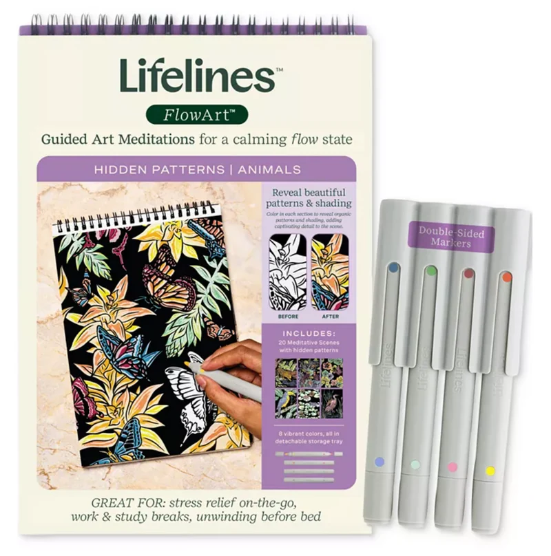 FlowArt Hidden Patterns Animals Meditative Coloring Pad with Markers