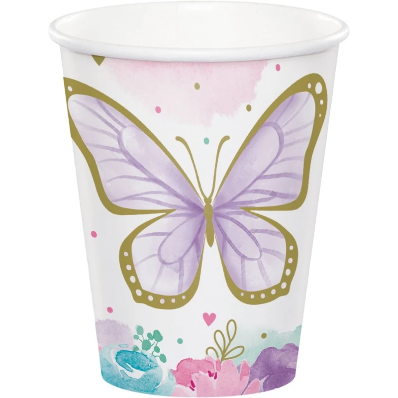 Butterfly Shimmer Birthday Paper Cups, 9 Oz, 8 Count
