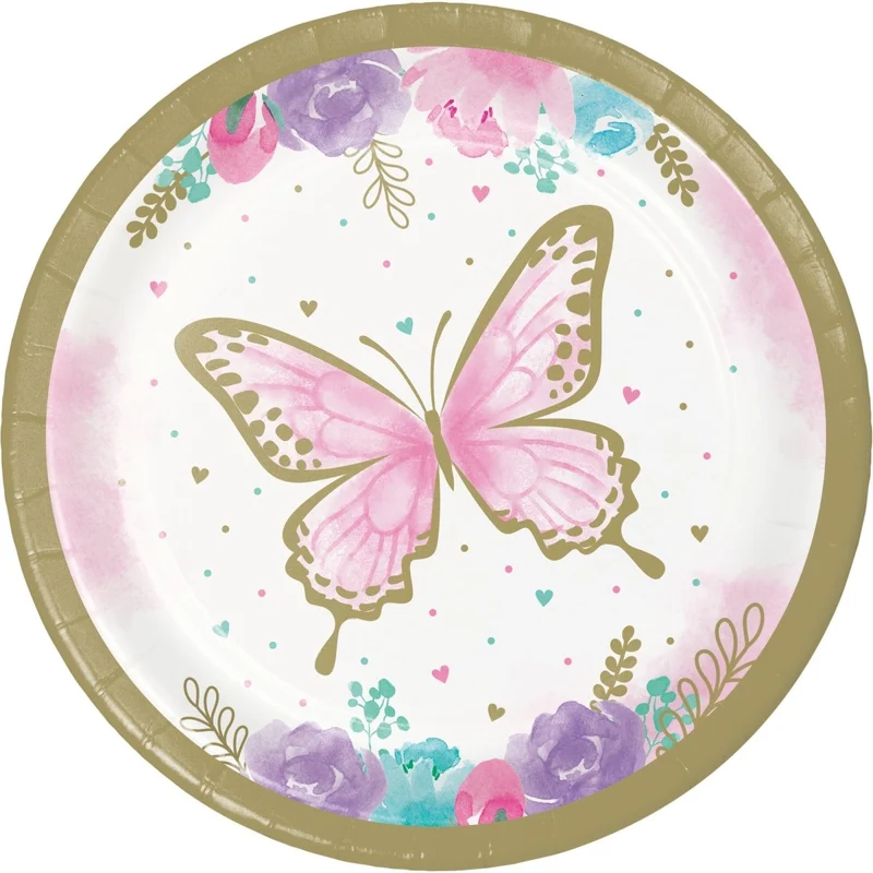 Butterfly Shimmer Birthday Small Round Dessert Paper Plates, 7 Inches, 8 Count