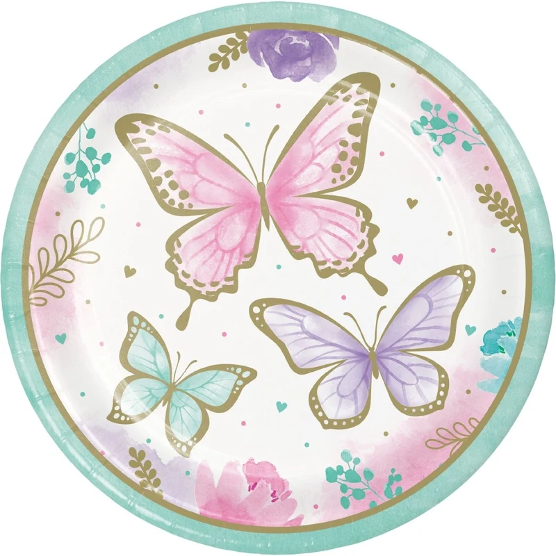 Butterfly Shimmer Birthday Large Round Lunch Paper Plates, 9 Inches, 8 Count