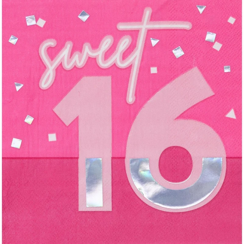 Pink Sixteen Birthday Large "Sweet 16" Lunch Napkins, 16 Count