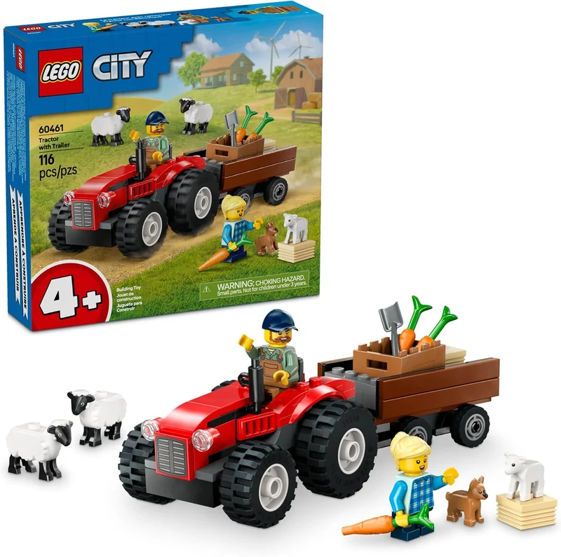 City: Red Farm Tractor with Trailer and Sheep