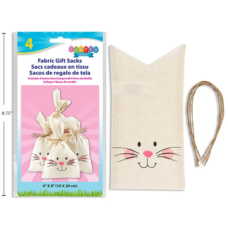 Easter Bunny Face Fabric Gift Bags, 4 Count