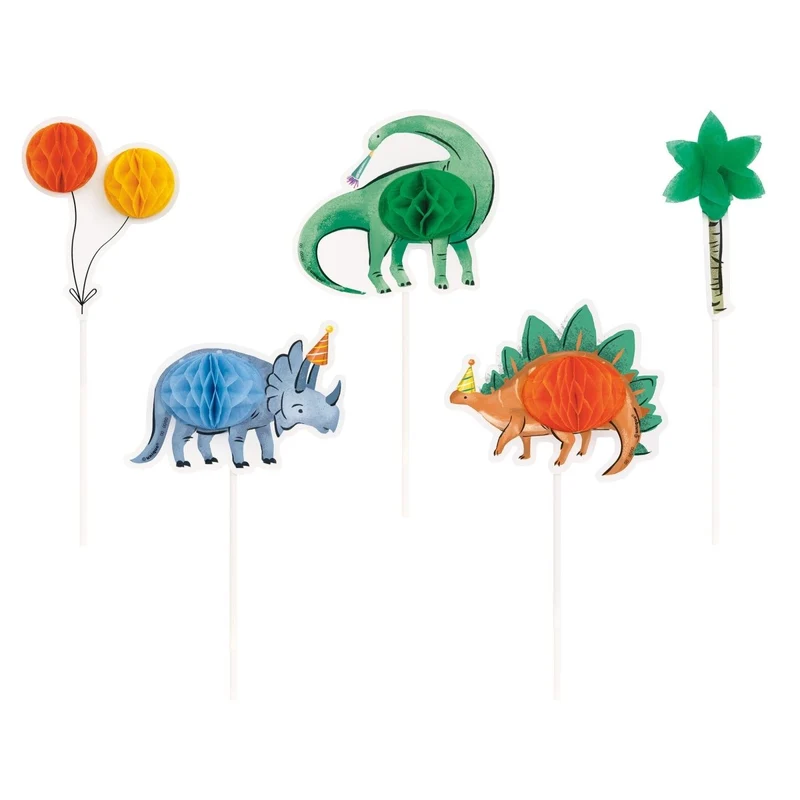 Partying Dinosaurs Birthday Honeycomb Cake Topper Kit, 5 Count