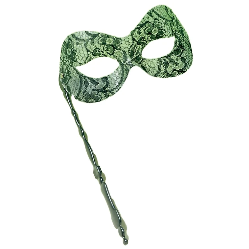 Green Venetian Mask “Pretty W” with Stick, 1 Count