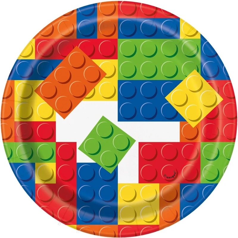 Building Blocks Birthday Small Round Dessert Paper Plates, 7 Inches, 8 Count