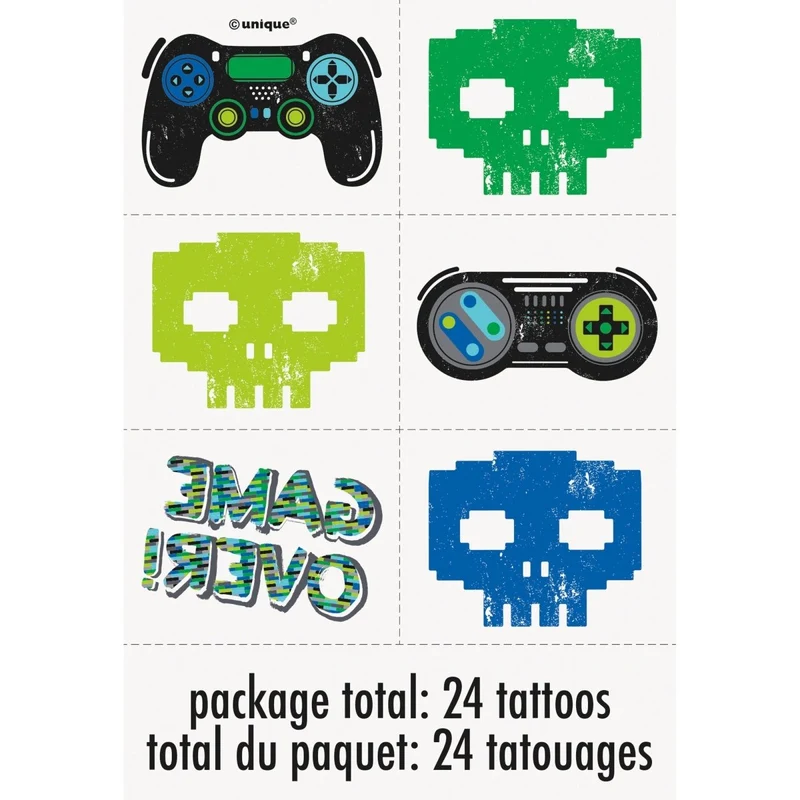 Gamer Birthday Temporary Tattoo Sheets, 4 Sheets, 24 Count
