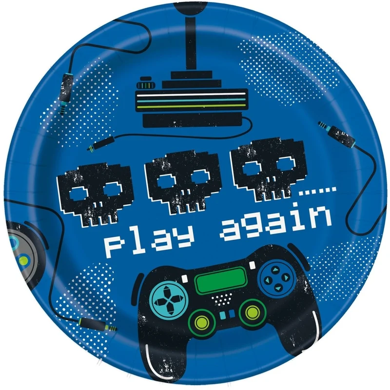 Gamer Birthday Small Round Dessert Paper Plates, 7 Inches, 8 Count