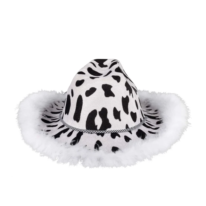 Cow Print Feather Cowgirl Hat for Adults