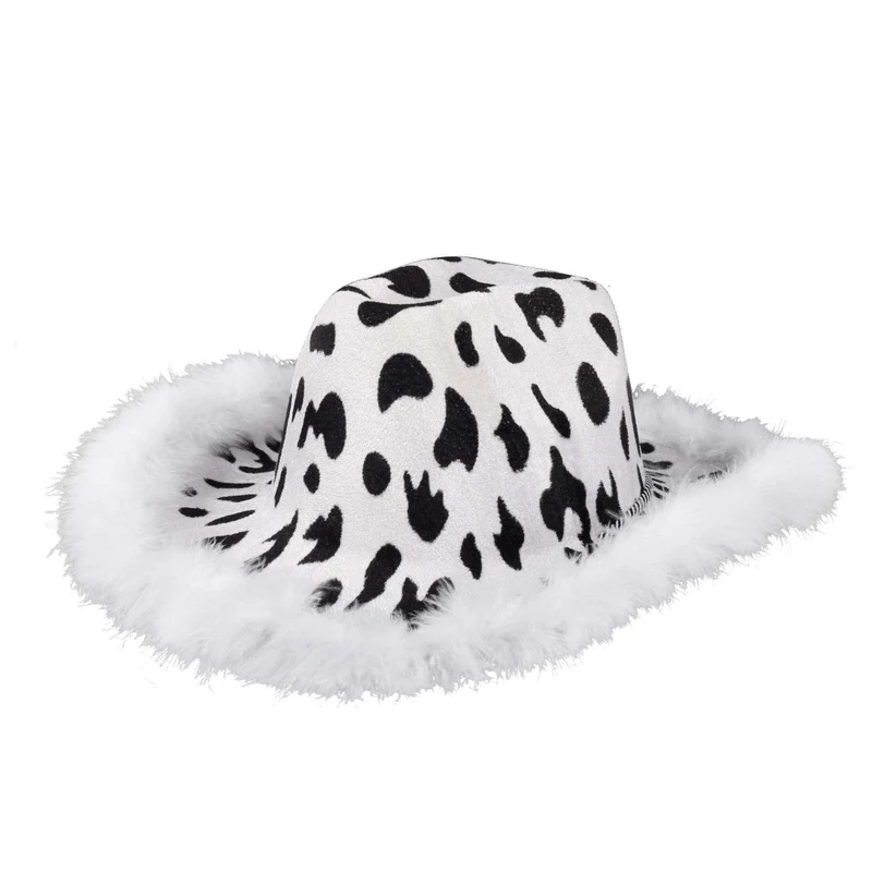 Cow Print Feather Cowgirl Hat for Adults