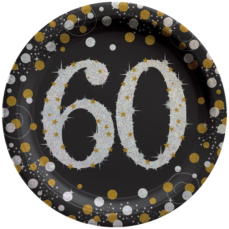 60th Sparkling Celeb Large Round Lunch Paper Plates, 9 Inches, 8 Count