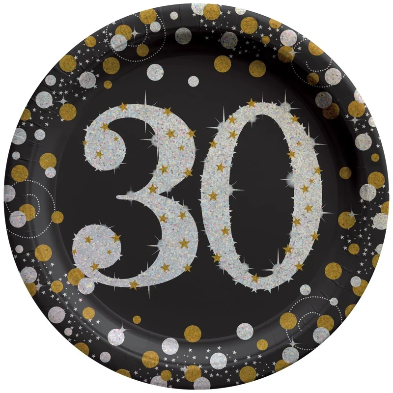 30th Sparkling Celeb Large Round Lunch Paper Plates, 9 Inches, 8 Count