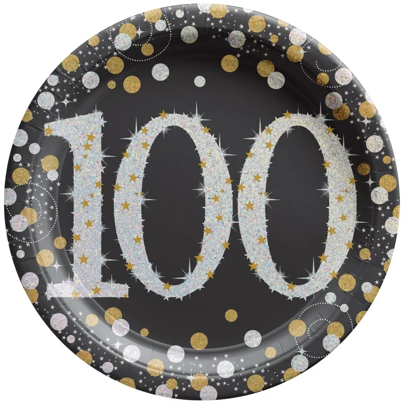 100th Sparkling Celeb Small Round Dessert Paper Plates, 7 Inches, 8 Count