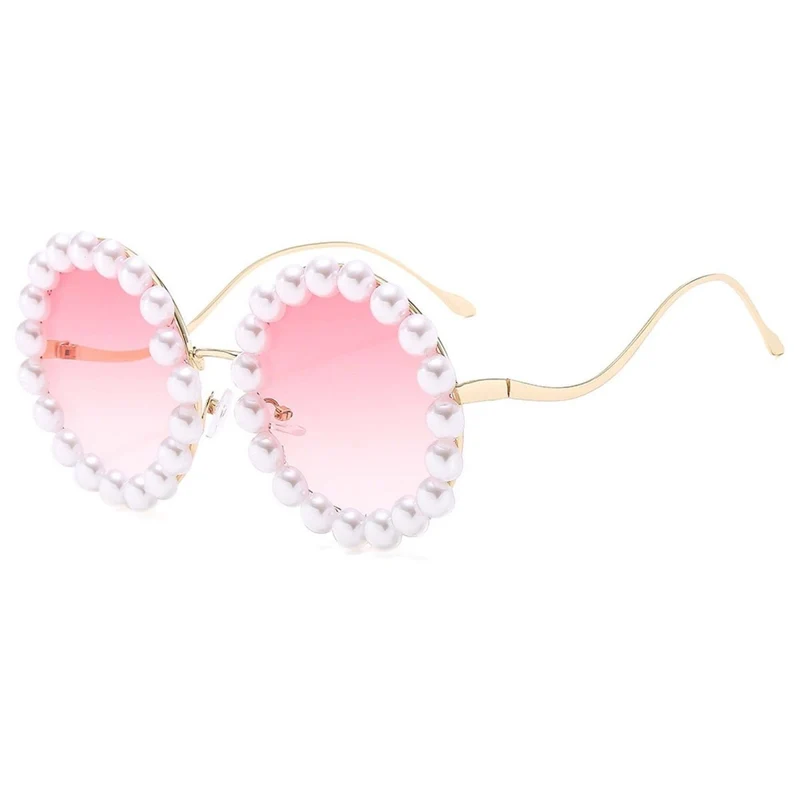 Round Pearl Sunglasses for Adults, Pink and Gold