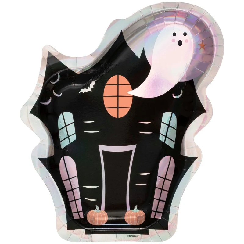 Pastel Hauntings Large Haunted House Shaped Lunch Paper Plates, 9 Inches, 8 Count