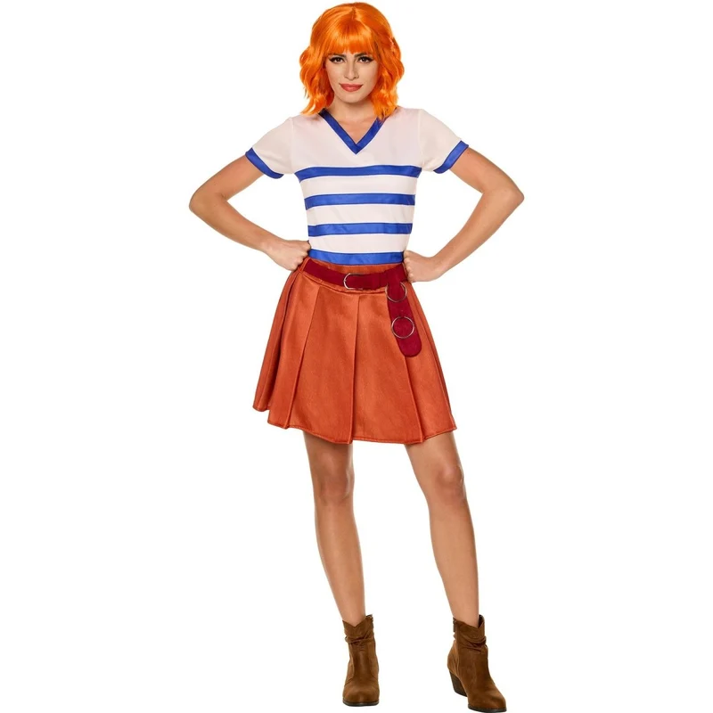 One Piece Nami Costume for Adults, White, Blue and Brown Dress