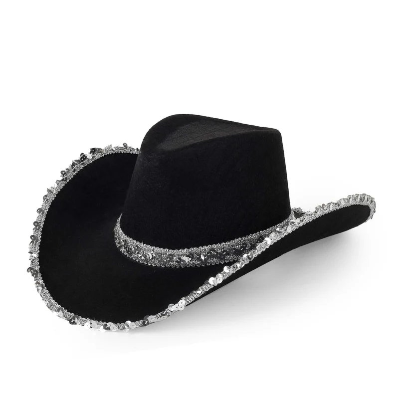Glam Cowgirl Hat for Adults, Black and Silver