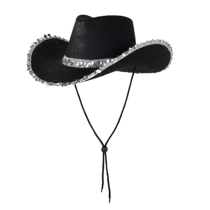 Glam Cowgirl Hat for Adults, Black and Silver