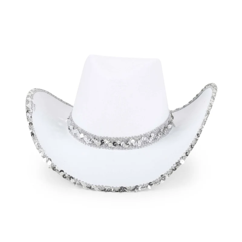 Glam Cowgirl Hat for Adults, White and Silver