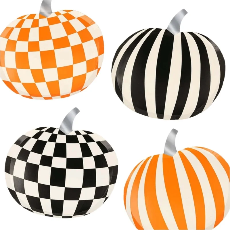 Mod Pattern Large Pumpkin Shaped Lunch Paper Plates, 9 Inches, 8 Count